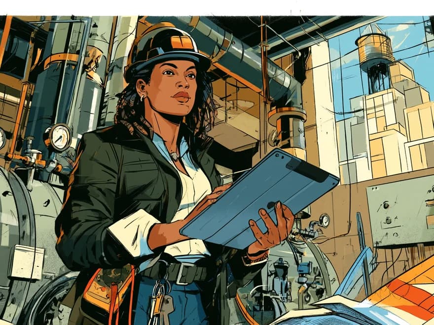 A building engineer at a bank of pipes and gauges in a mechanical room.