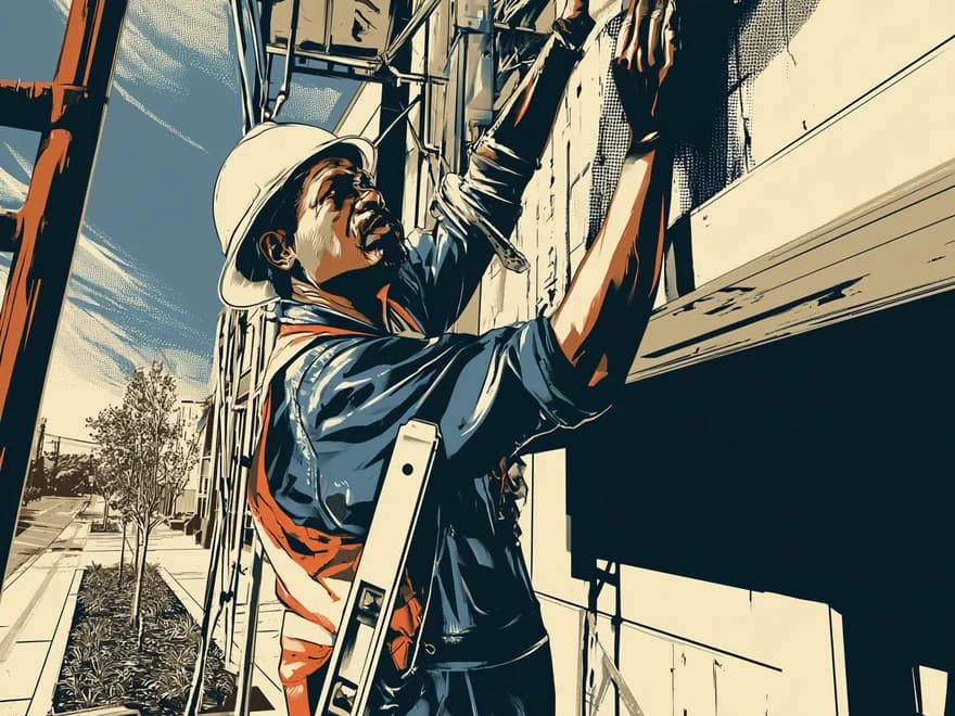 A construction worker guiding an insulation panel into a building envelope.